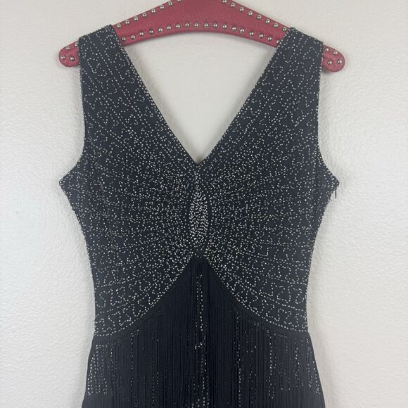Unique Vintage Retro 1920s Fringe Beaded Mini Flapper Dress Black Silver Small - Picture 6 of 16